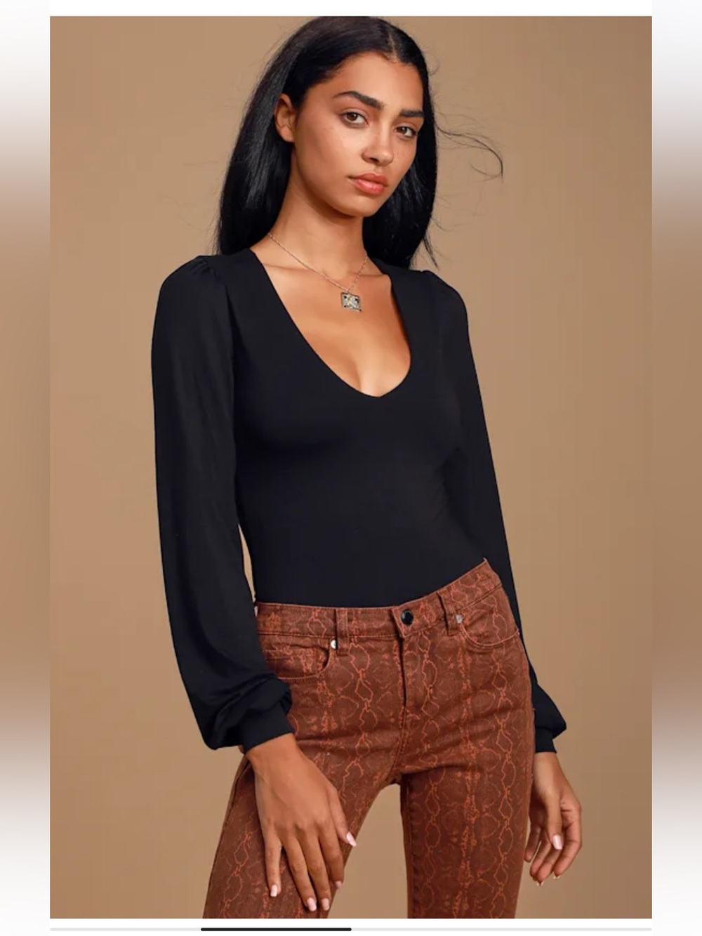 Lulus Kaylene Black V-neck Balloon Sleeve Bodysuit